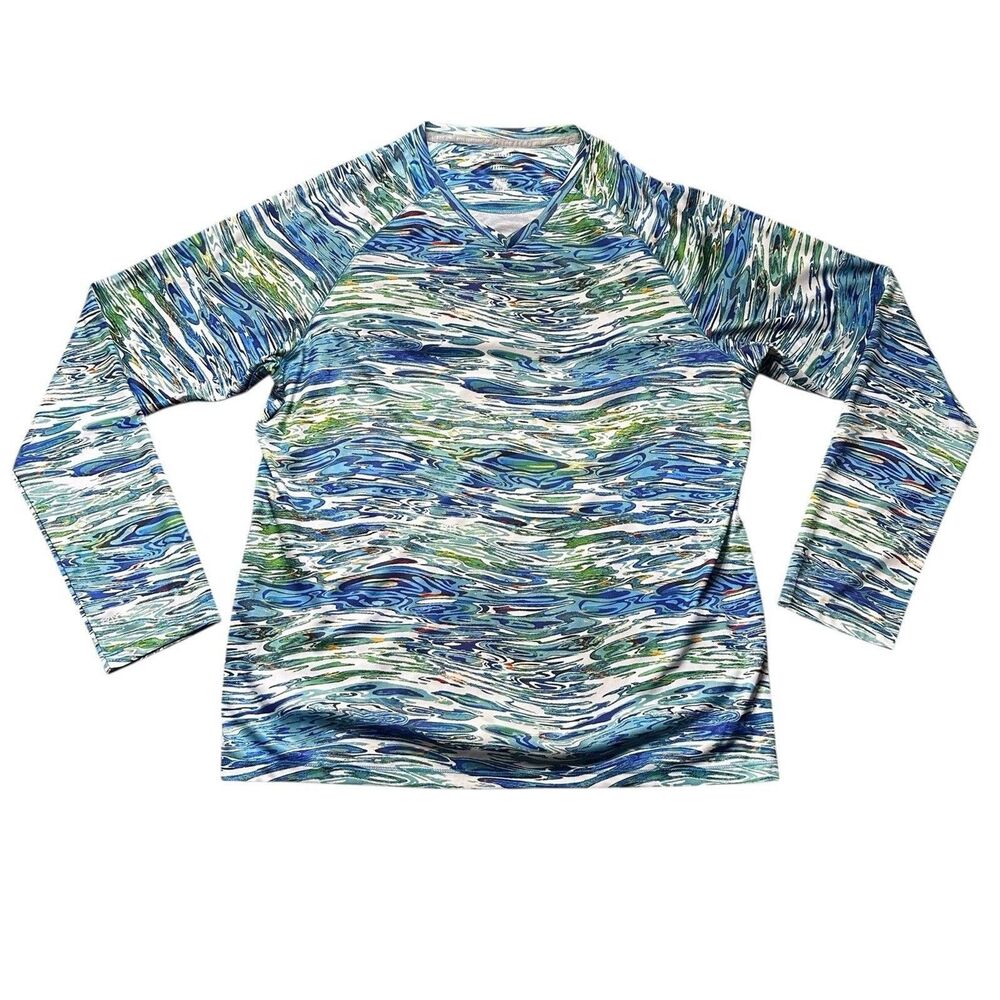 Reel Legends Freeline Mens XL Fishing Shirt Multicolor Water Print Long Sleeve